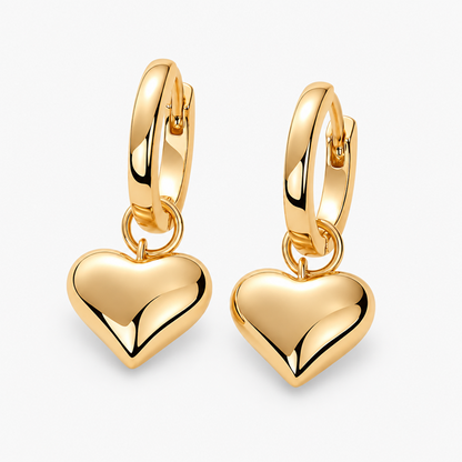 Women's Gold-Tone Brass Heart Drop Hoop Earrings with Puffed Heart Charms