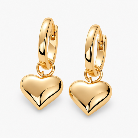 Women's Gold-Tone Brass Heart Drop Hoop Earrings with Puffed Heart Charms