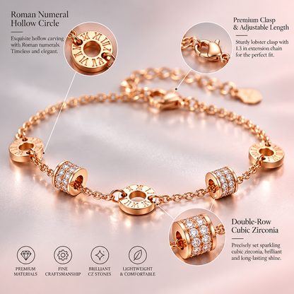 Women's Rose Gold-Tone Electroplated Brass Roman Numeral Bracelet with Double Barrel Beads