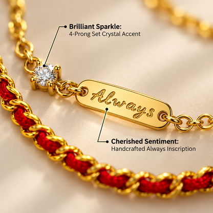 Women's Red Cord and Gold-Tone Double-Layer Bracelet with Always Message Bar and Adjustable Extender