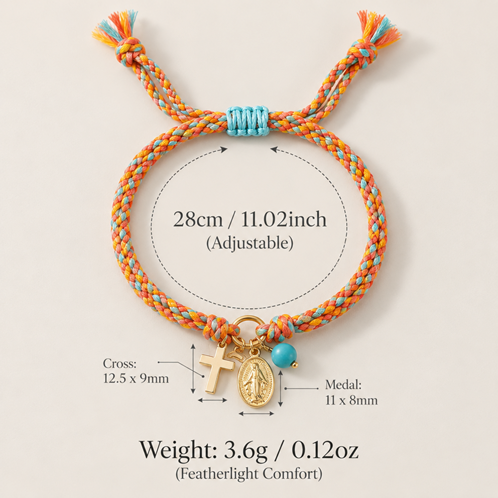 adjustable multicolor braided bracelet with copper cross, mary medal and blue bead