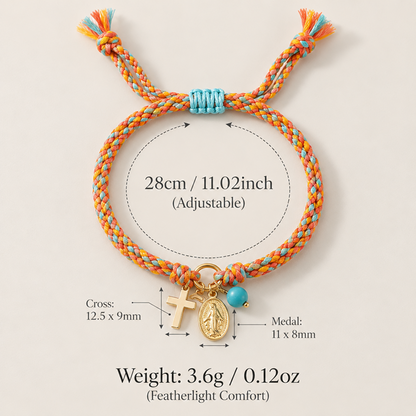 Adjustable Multicolor Braided Bracelet with Copper Cross, Mary Medal and Blue Bead