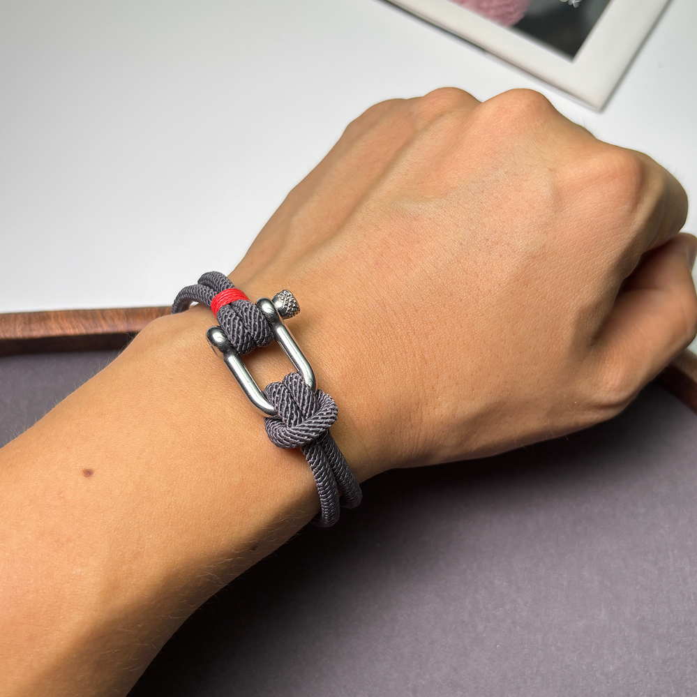 stainless steel shackle rope bracelet for men, u-shaped screw clasp, gray red unisex outdoor couple wristband