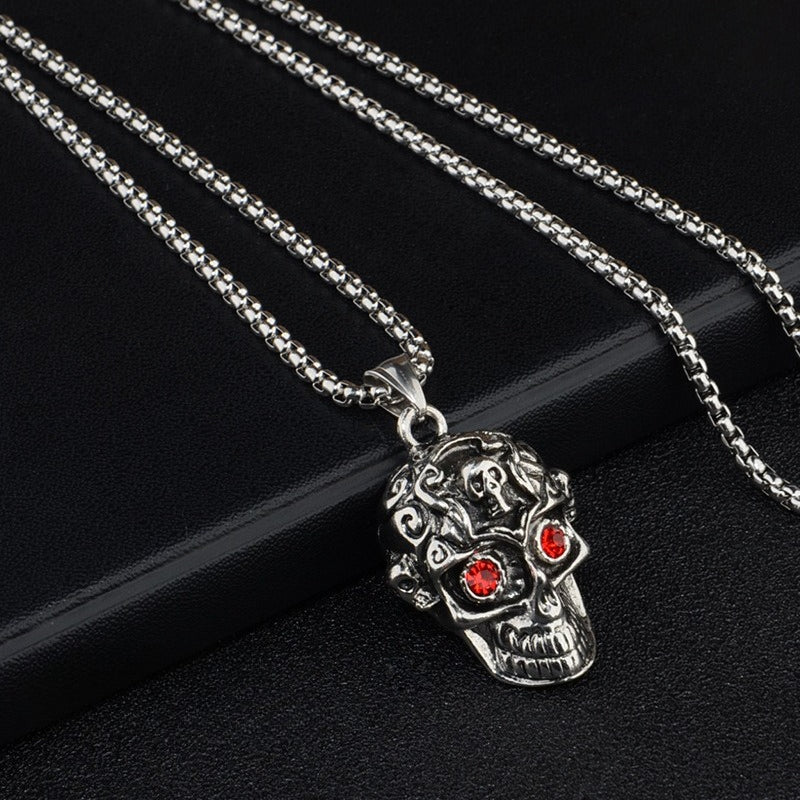 men's punk skull pendant necklace with red rhinestone eyes stainless steel box chain hip hop streetwear gothic biker skull jewelry heavy duty stainless steel pendant for men