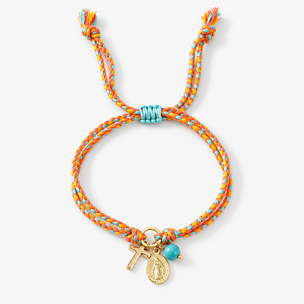 adjustable multicolor braided bracelet with copper cross, mary medal and blue bead