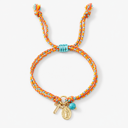 Adjustable Multicolor Braided Bracelet with Copper Cross, Mary Medal and Blue Bead