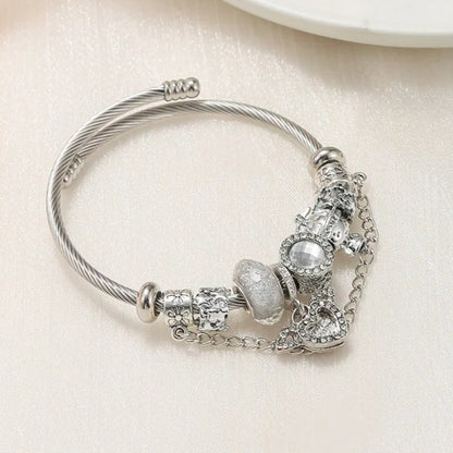 Heart Charm Bracelet for Women White Cupid Heart Charm Bangle Stainless Steel Snake Chain Bracelet with Angel Wings Crystal Resin Beads Fairycore Aesthetic Jewelry Gift for Her