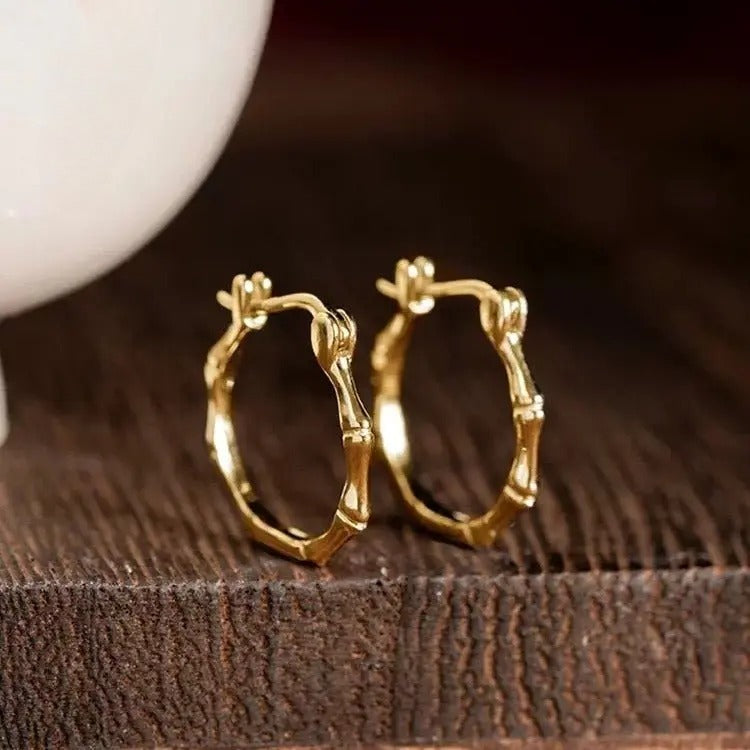 safeness hoop earrings - bamboo inspired gold plated jade