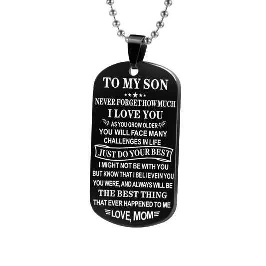 Engraved Dog Tag Necklace for Son from Mom Stainless Steel Military ID Card Pendant Inspirational Message Charm Long Ball Bead Chain Birthday Graduation Gift for Boys Men Black Silver 23.6" 20g