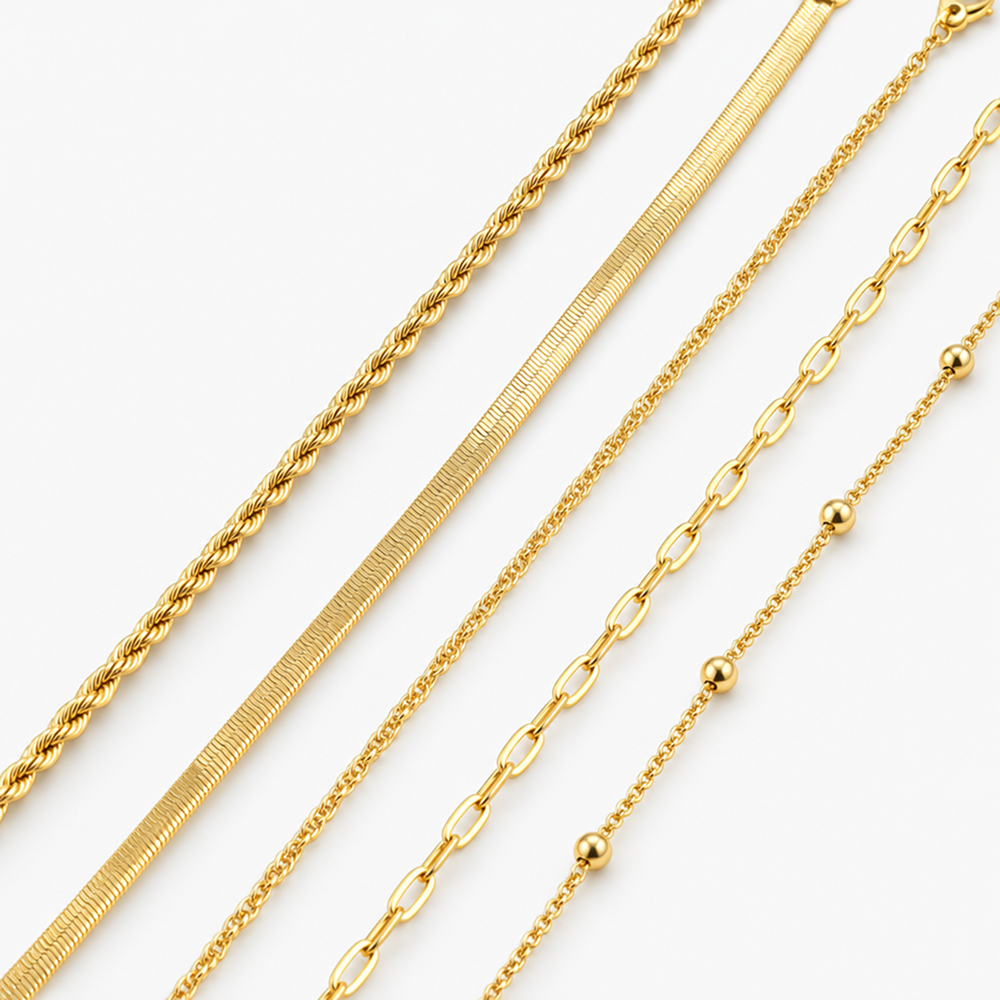 5-piece bracelet set for women, electroplated brass chain bracelets with herringbone, rope, twisted, paperclip and bead station designs, adjustable lobster clasps, 6.7 inch length with 1.5 inch extenders, layering jewelry for everyday wear and gift g
