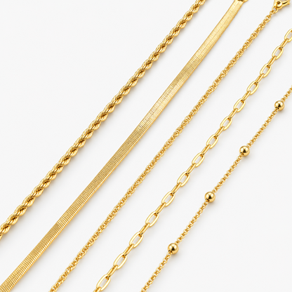 5-Piece Bracelet Set for Women, Electroplated Brass Chain Bracelets with Herringbone, Rope, Twisted, Paperclip and Bead Station Designs, Adjustable Lobster Clasps, 6.7 Inch Length with 1.5 Inch Extenders, Layering Jewelry for Everyday Wear and Gift G