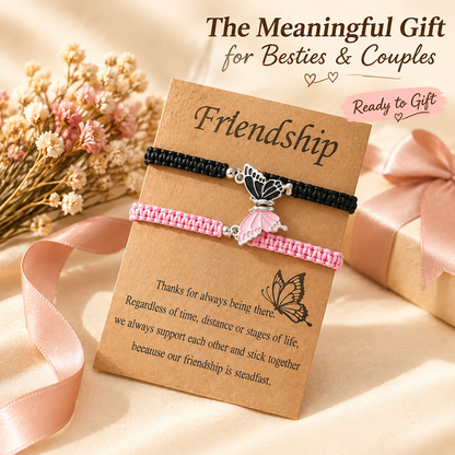 Matching Butterfly Cord Bracelet Set in Black and Pink with Adjustable Sliding Knots, 2 Pieces