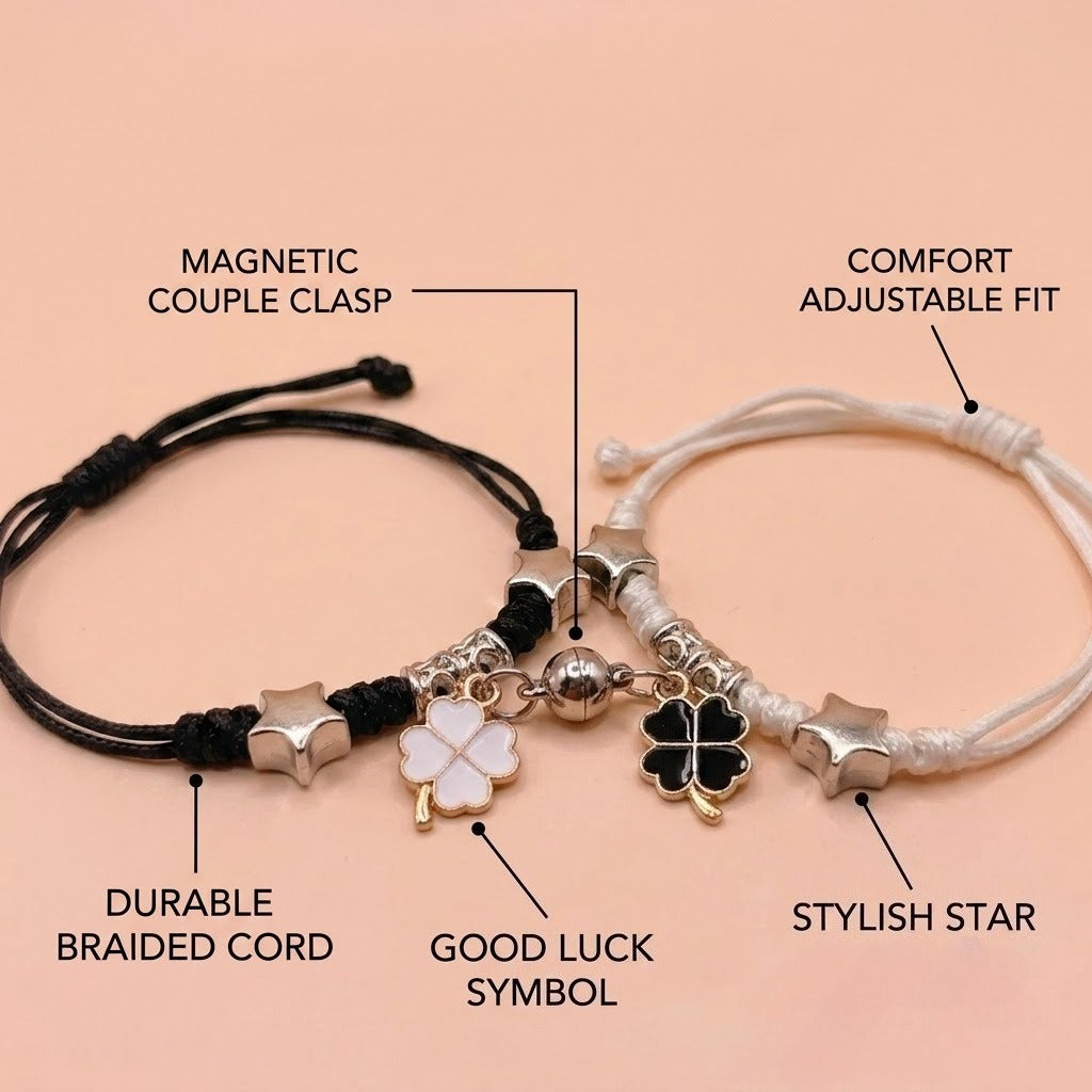magnetic couples bracelets matching four leaf clover friendship bracelets mutual attraction braided rope cord bracelet set for boyfriend girlfriend long distance relationship jewelry gift black white 2pcs