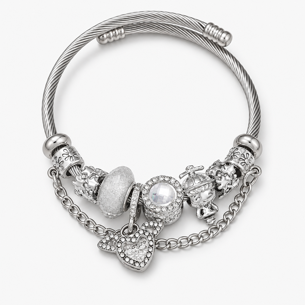 silver-tone charm bracelet with winged heart, decorative beads and cable texture