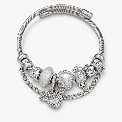 Silver-Tone Charm Bracelet with Winged Heart, Decorative Beads and Cable Texture