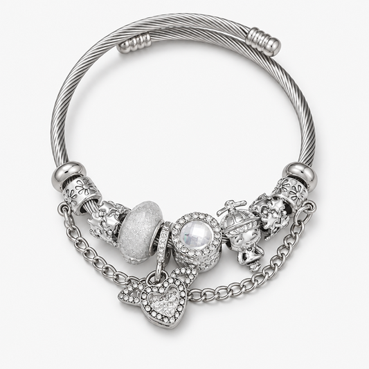 Silver-Tone Charm Bracelet with Winged Heart, Decorative Beads and Cable Texture