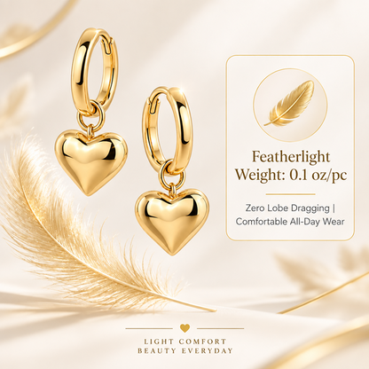 Women's Gold-Tone Brass Heart Drop Hoop Earrings with Puffed Heart Charms
