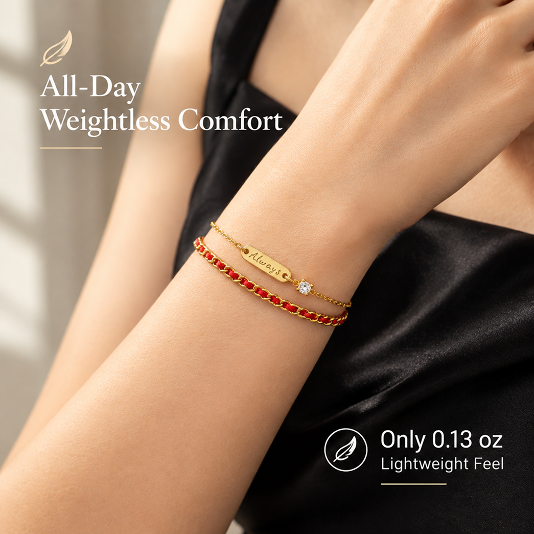 women's red cord and gold-tone double-layer bracelet with always message bar and adjustable extender