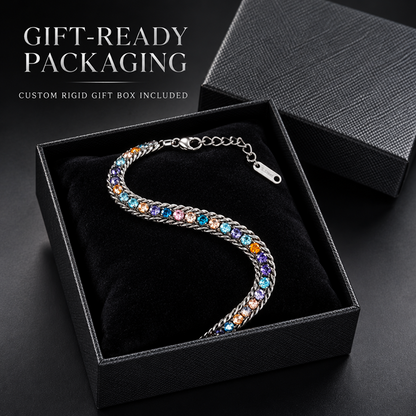 Rainbow Cuban-Style Chain Bracelet for Men and Women, Silver-Tone Double Chain Borders with Multicolor Faceted Accents, Lobster Clasp and 2 Inch Extension, 6.5 Inch Bracelet, 0.2 Inch Width, Colorful Statement Jewelry for Everyday Outfits and Parties