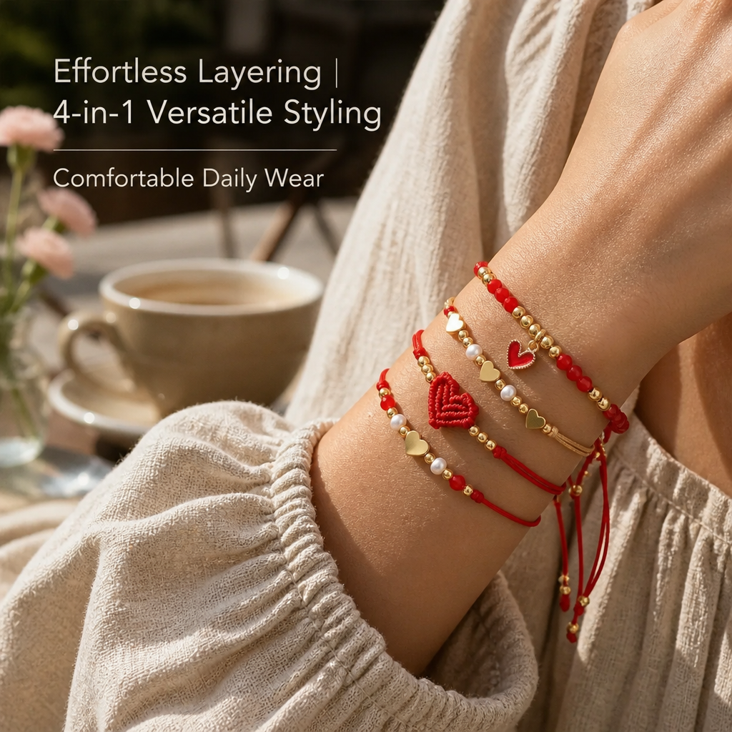 boho chic 4-piece red string & gold-tone heart bracelet stack | lightweight adjustable braided cord beaded charm bracelets set perfect for daily wear & gifting