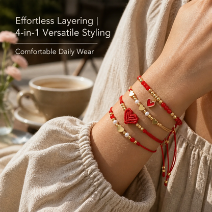 Boho Chic 4-Piece Red String & Gold-Tone Heart Bracelet Stack | Lightweight Adjustable Braided Cord Beaded Charm Bracelets Set Perfect for Daily Wear & Gifting