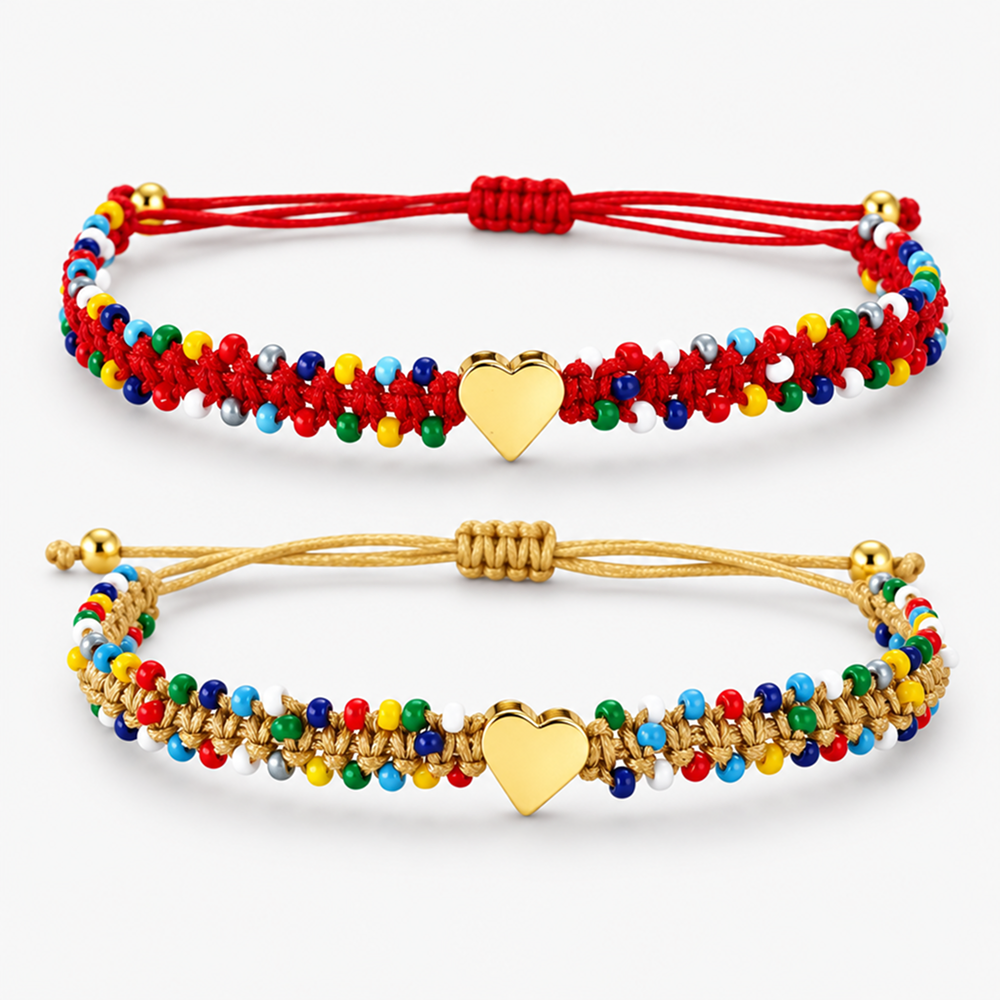 handwoven beaded heart bracelet for women, multicolor beads and gold-tone heart centerpiece, adjustable sliding knot cord closure, sweet boho style with decorative beaded edges and dangling cord ends, everyday jewelry for birthdays and friendship gif
