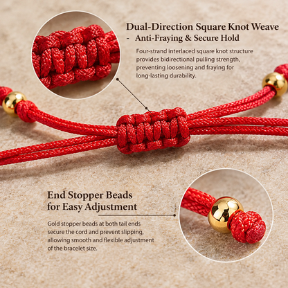 Red Cord Heart Bracelet with Gold-Tone Beads, Sliding Knot and Love Message Card