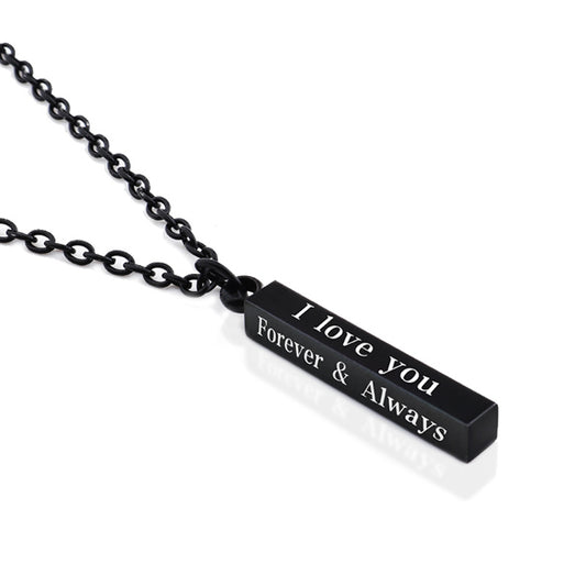 Romantic Engraved Vertical Bar Pendant Necklace for Men Women Black Stainless Steel I Love You Forever & Always Cuboid Stick Charm Minimalist Layering Cable Chain Trendy Couples Relationship Promise Anniversary Gift 20.4" 10g