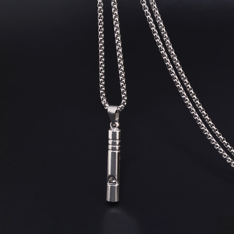 titanium steel functional whistle pendant necklace for men women unisex silver color cylindrical creative whistle streetwear hip hop high street heavy duty long box chain necklaces
