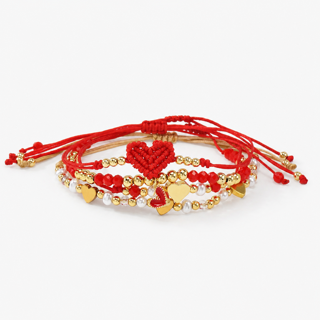 boho chic 4-piece red string & gold-tone heart bracelet stack | lightweight adjustable braided cord beaded charm bracelets set perfect for daily wear & gifting