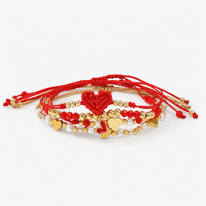 Boho Chic 4-Piece Red String & Gold-Tone Heart Bracelet Stack | Lightweight Adjustable Braided Cord Beaded Charm Bracelets Set Perfect for Daily Wear & Gifting