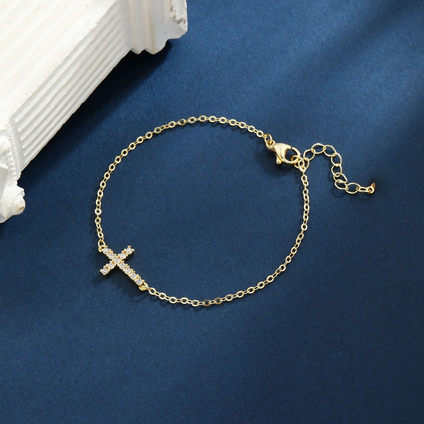 gold-tone cross brass bracelet for women dainty sideways cross chain bracelet sparkly cubic zirconia faith charm jewelry gift adjustable lobster clasp