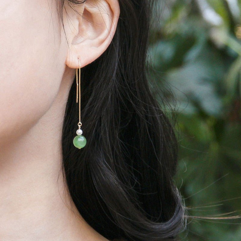 14k Gold - Plated Pearl & Jade 6mm Round Bead Drop Earrings – Elegant & Minimalist Gift for Women - STAR8S