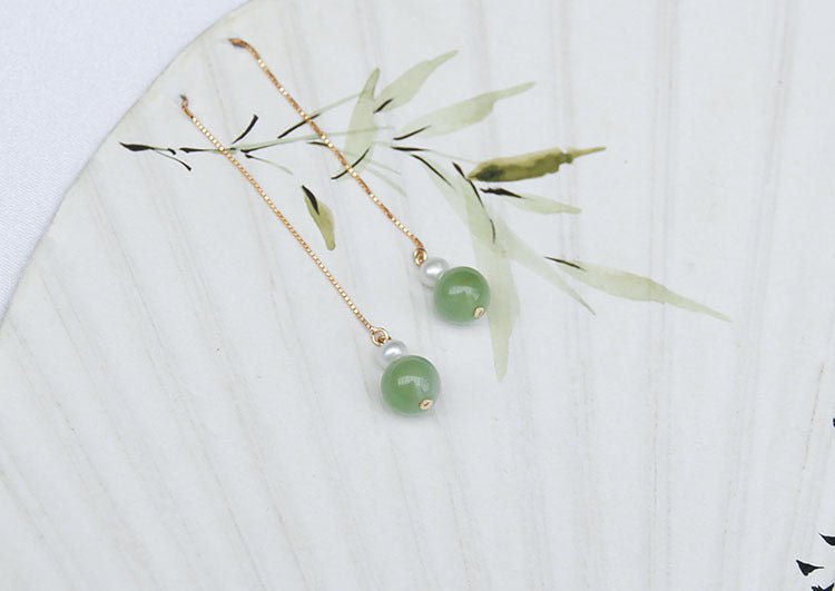 14k Gold - Plated Pearl & Jade 6mm Round Bead Drop Earrings – Elegant & Minimalist Gift for Women - STAR8S