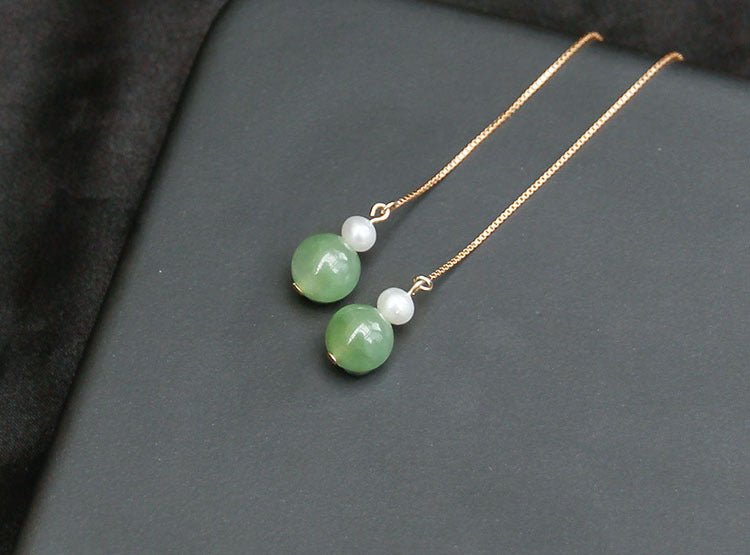 14k gold - plated pearl & jade 6mm round bead drop earrings – elegant & minimalist gift for women - star8s
