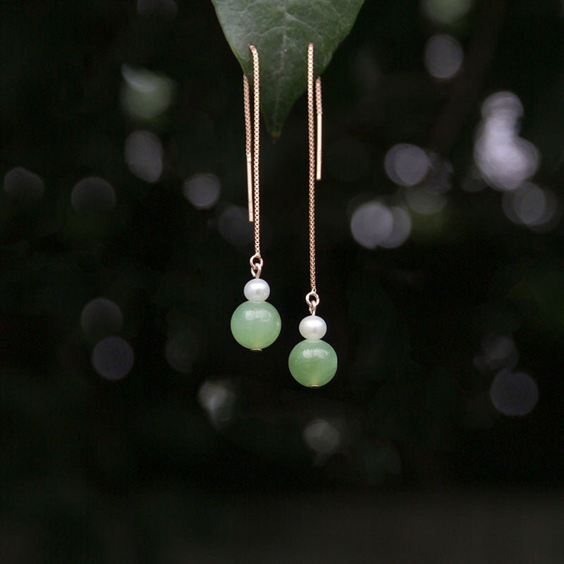 14k Gold - Plated Pearl & Jade 6mm Round Bead Drop Earrings – Elegant & Minimalist Gift for Women - STAR8S