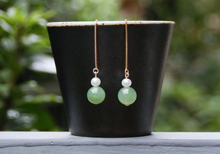 14k gold - plated pearl & jade 6mm round bead drop earrings – elegant & minimalist gift for women - star8s