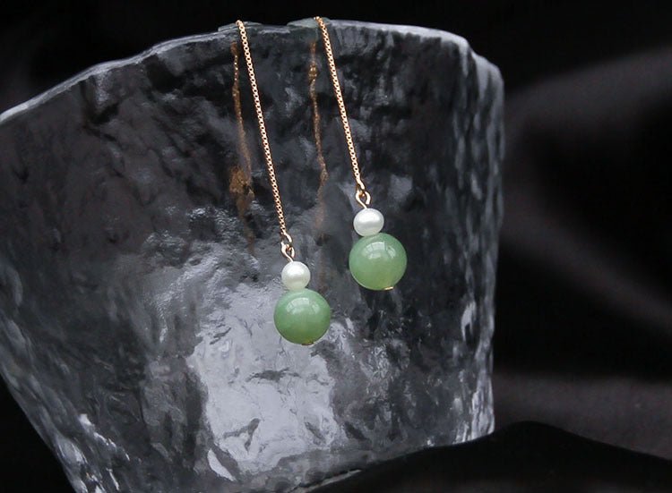 14k gold - plated pearl & jade 6mm round bead drop earrings – elegant & minimalist gift for women - star8s