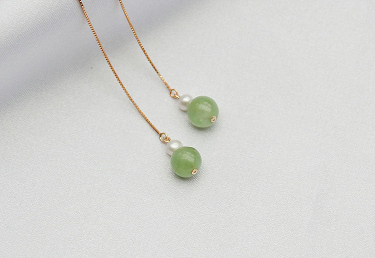 14k gold - plated pearl & jade 6mm round bead drop earrings – elegant & minimalist gift for women - star8s