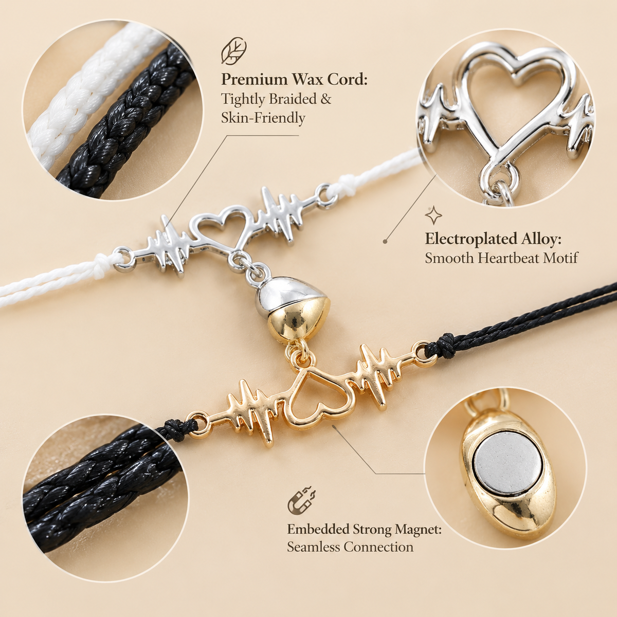 magnetic heartbeat cord bracelet set in black and white with sliding knots, 2 pieces