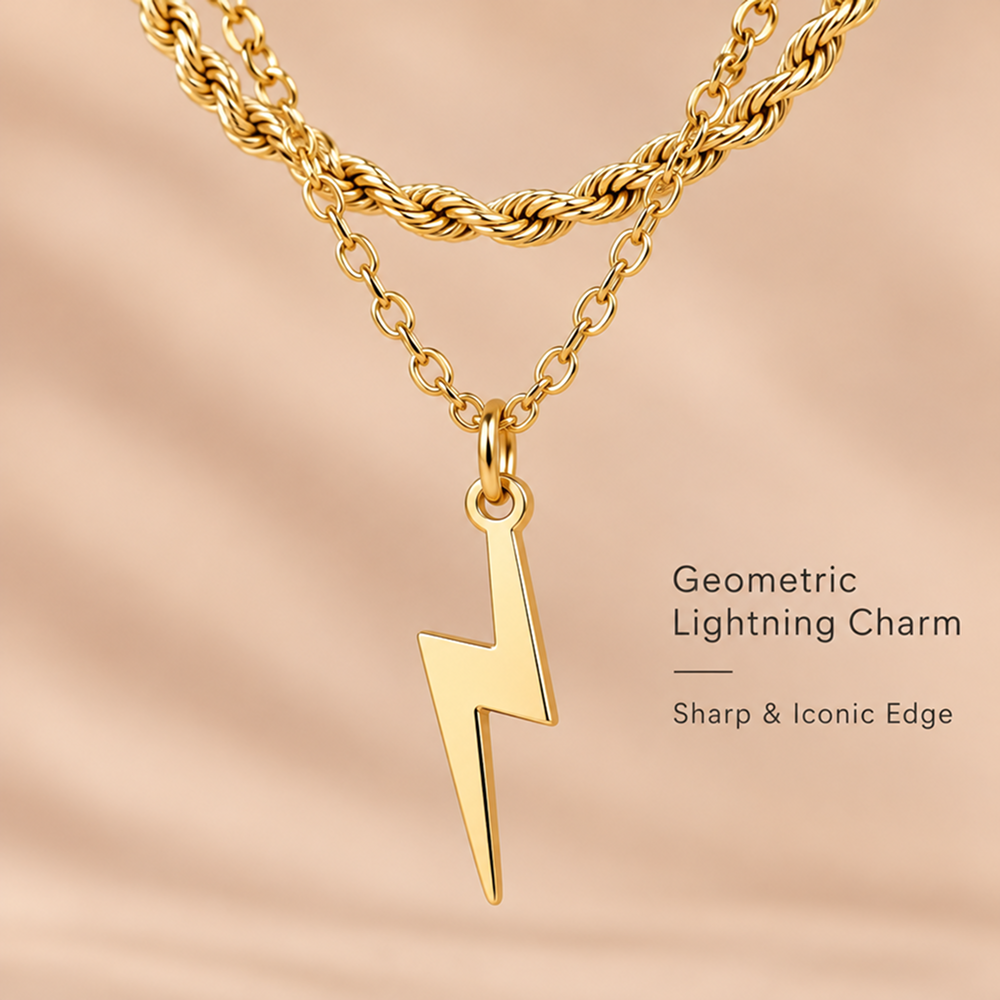 women's 2-piece gold-tone electroplated brass layered lightning bolt necklace set