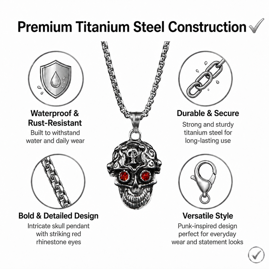 men's punk skull pendant necklace with red rhinestone eyes stainless steel box chain hip hop streetwear gothic biker skull jewelry heavy duty stainless steel pendant for men