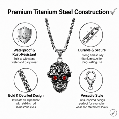Men's Punk Skull Pendant Necklace with Red Rhinestone Eyes Stainless Steel Box Chain Hip Hop Streetwear Gothic Biker Skull Jewelry Heavy Duty Stainless Steel Pendant for Men