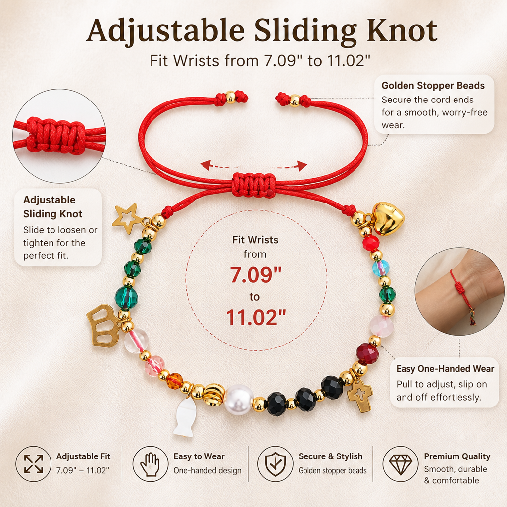 red string beaded charm bracelet, adjustable cord with multicolor beads and gold-tone heart, star and cross charms, everyday holiday jewelry