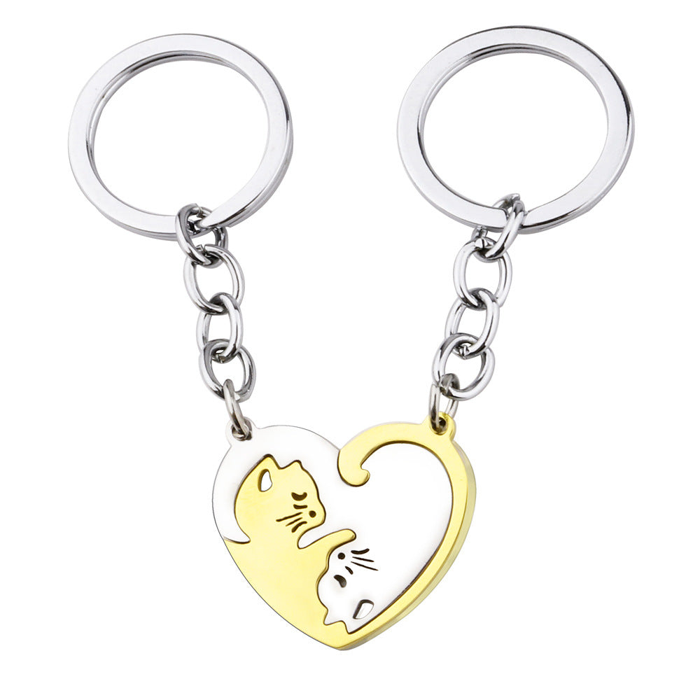2pcs matching cat keychain set for couples best friends stainless steel black silver kitten heart puzzle pendant key ring relationship friendship anniversary valentine long distance gift