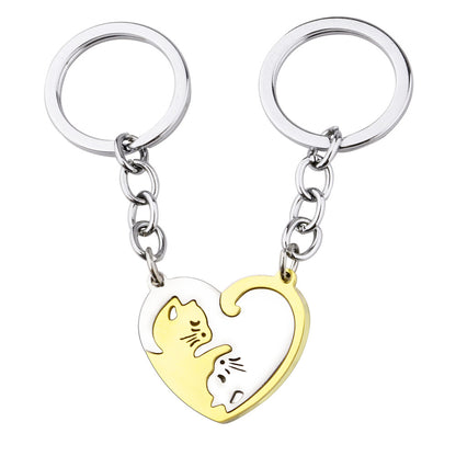 2Pcs Matching Cat Keychain Set for Couples Best Friends Stainless Steel Black Silver Kitten Heart Puzzle Pendant Key Ring Relationship Friendship Anniversary Valentine Long Distance Gift