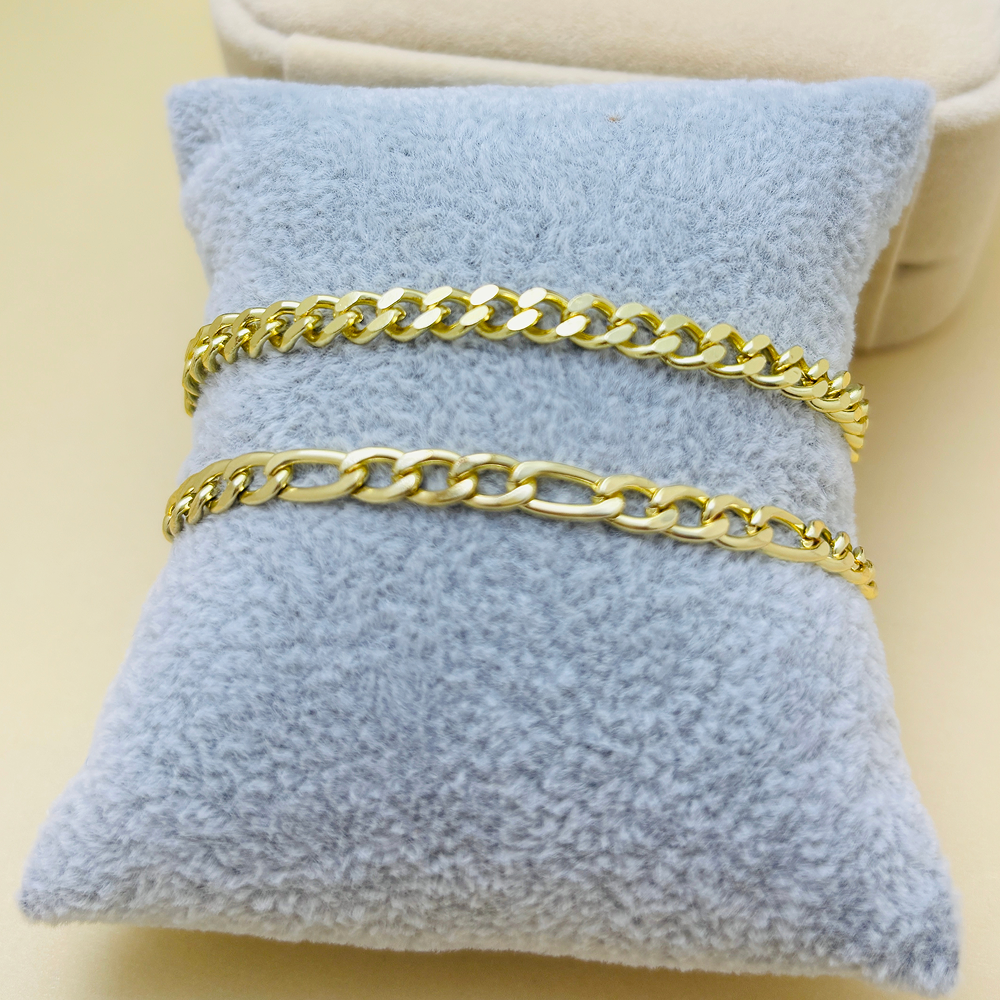 2-piece gold-tone cuban and figaro anklet set for women, electroplated stainless steel adjustable chain ankle bracelets