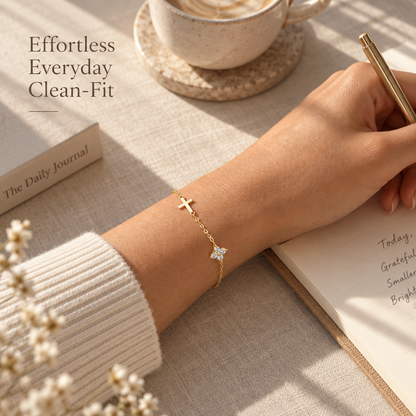 Gold-Tone Cross and Clover Bracelet for Women, Electroplated Brass Adjustable Chain with Clear Stone Accents, Dainty Everyday Jewelry