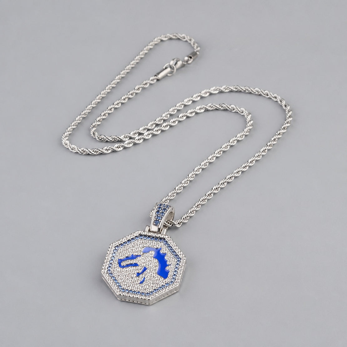 vibrant blue enamel horse head necklace sparkling micro pave cubic zirconia medallion high polish tarnish resistant hypoallergenic twist rope chain edgy street style pendant for men