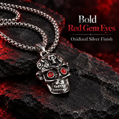 Men's Stainless Steel Skull Pendant Necklace with Red Eye Accents